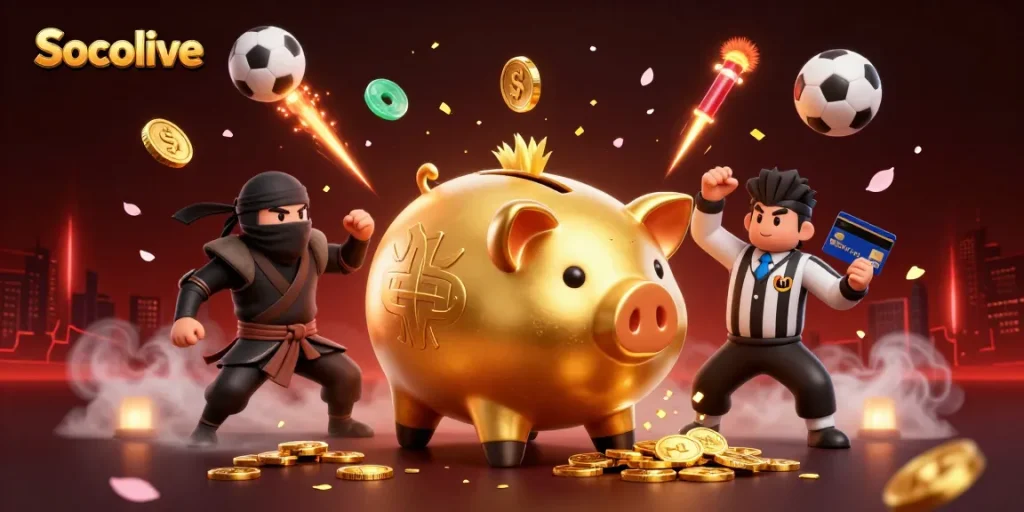 Socolive enhances your chances with thrilling sports betting action amidst golden coins and festive elements.