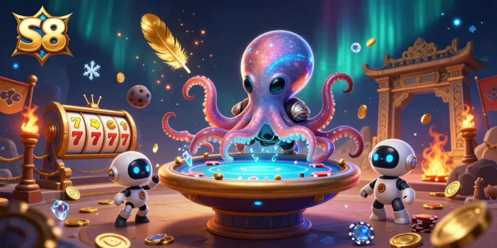 S8 offers thrilling slots excitement with our cosmic alien octopus dealer at a holographic game table.