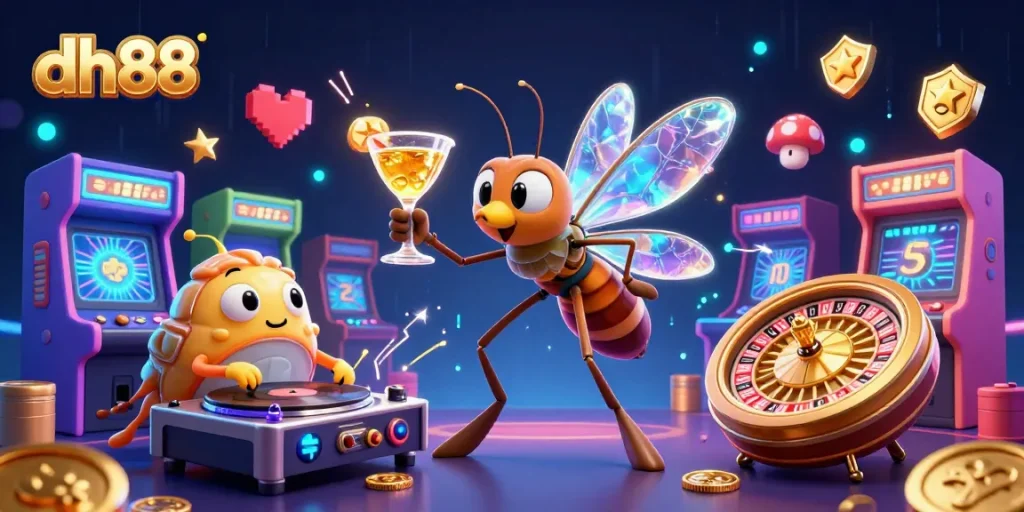 Experience the thrill of dh88 with a lively illustration of casino characters in an energetic gaming environment.