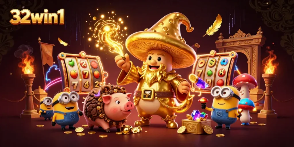 Win big with 32win1 in a vibrant casino scene featuring magical characters and captivating elements.