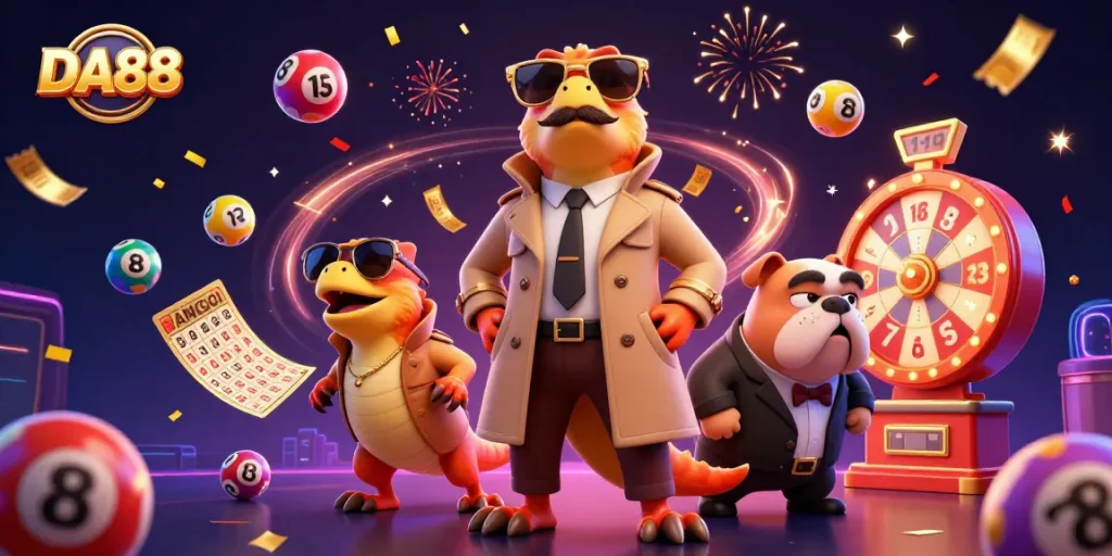 Engage in exciting actions at DA88 as dynamic characters navigate a vibrant casino setting.