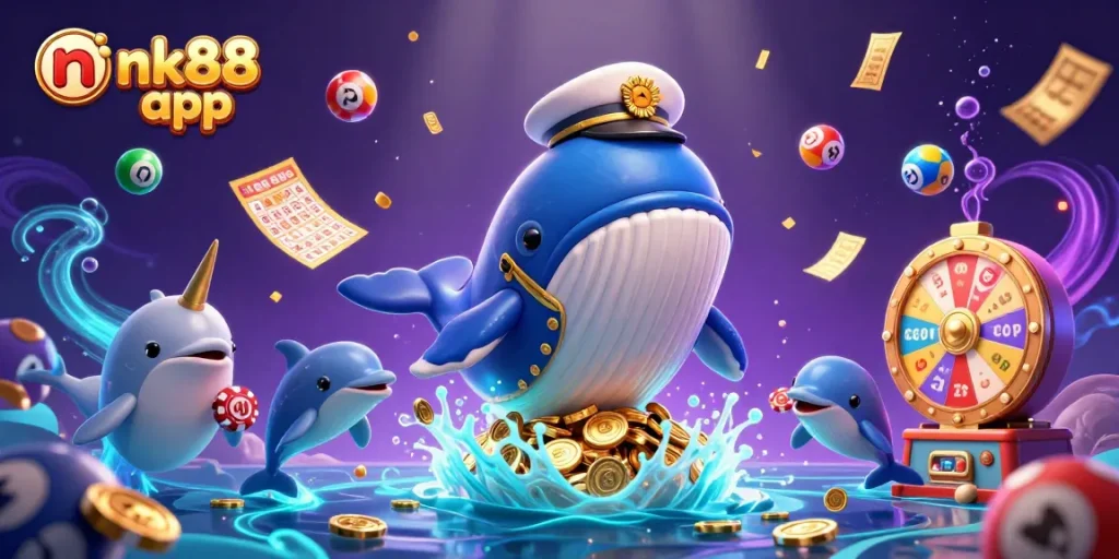 Engage with the nk88 app through a vibrant 3D scene featuring a cartoon whale, lottery balls, and casino elements.