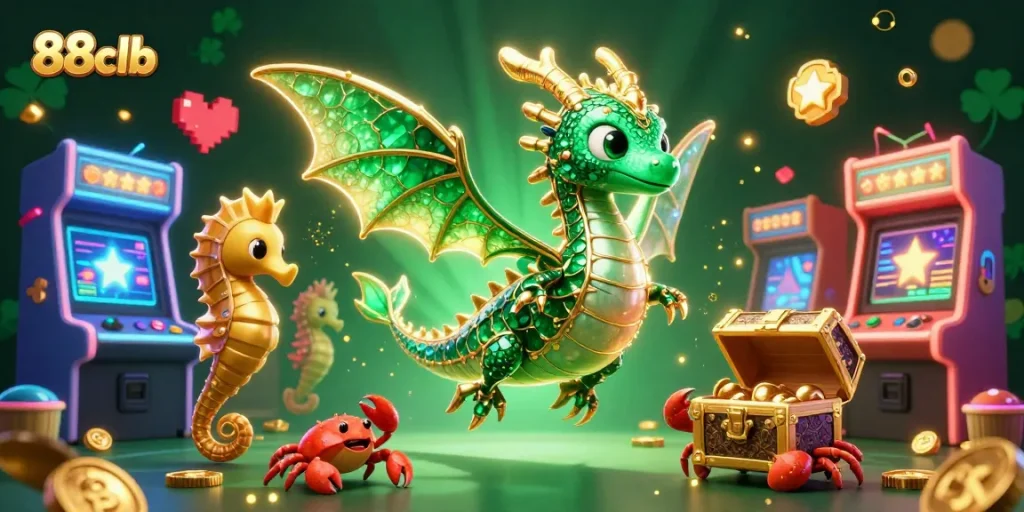 Join the fun at 88clb with a dazzling 3D casino scene featuring games and treasures!