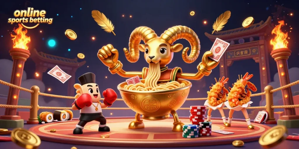 Engage in online sports betting with dynamic characters like a golden ramen bowl and sushi roll dealer, amidst vibrant betting tokens and lights.