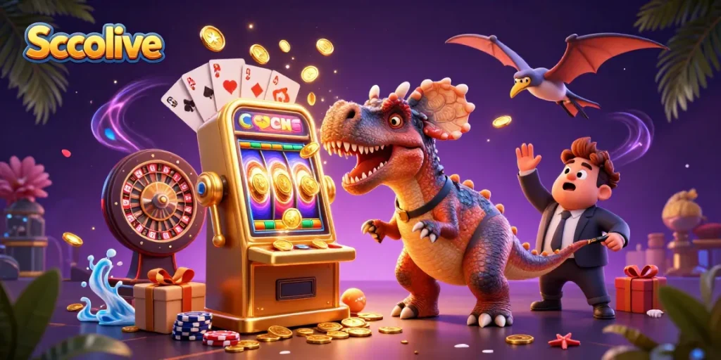 Socolive showcases a colorful scene with multitasking dinosaur characters enjoying the jackpot fun at a casino.