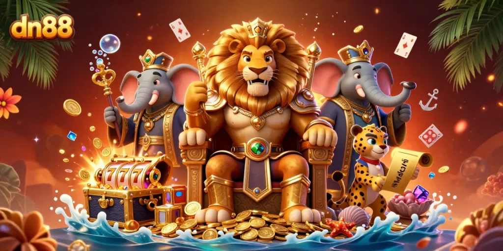 Experience thrilling gameplay at dn88 with a golden lion king amidst dynamic casino elements.