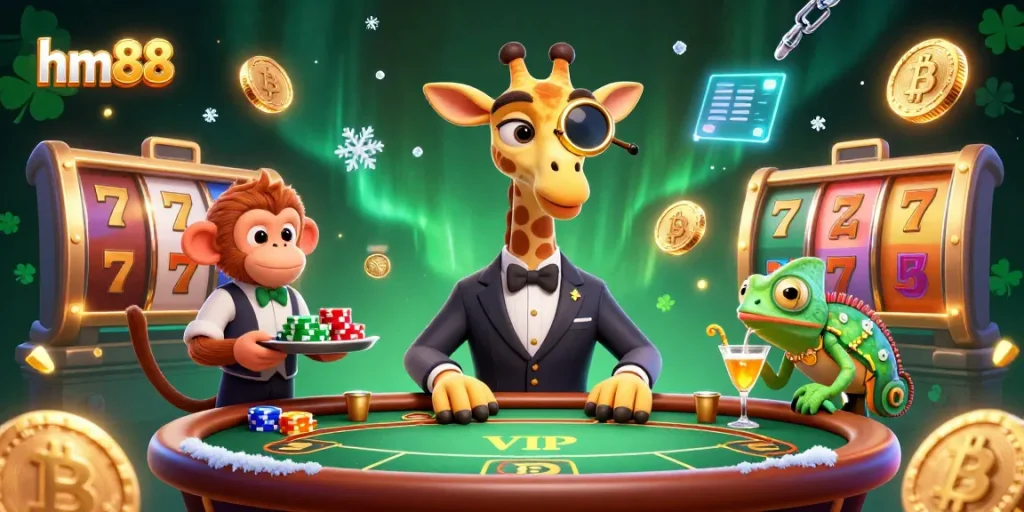 Engage in thrilling casino action with hm88 at a vibrant poker scene featuring unique characters and game elements.