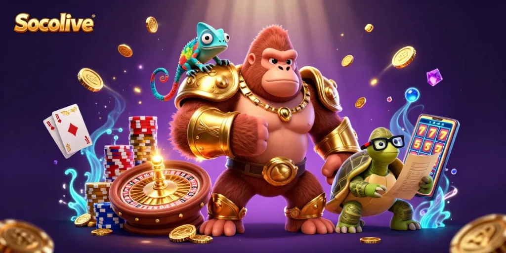 Socolive showcases a powerful gorilla king and friends winning with exciting casino elements.