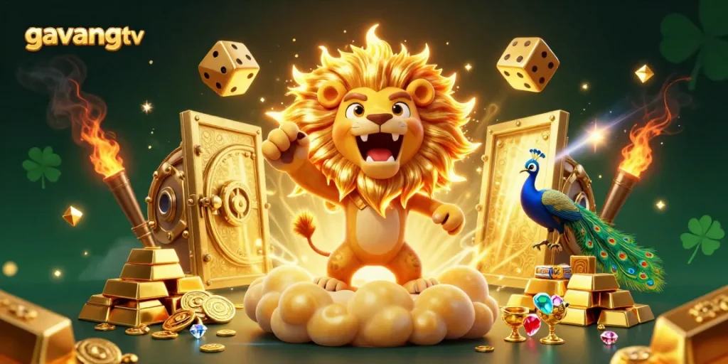 Join the adventure with gavangtv as the sun lion celebrates with golden dice and a dazzling treasure vault.