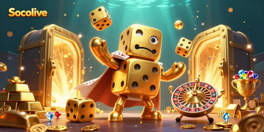 Socolive showcases a vibrant 3D scene with a dice golem and treasure, ideal for engaging gamblers.