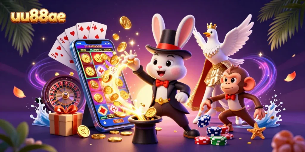 uu88ae showcases an enchanting scene with a magician rabbit pulling coins, creating vibrant winning moments.