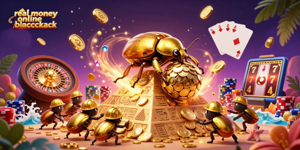 Experience real money online blackjack with a dynamic 3D scene featuring golden beetles and casino elements.