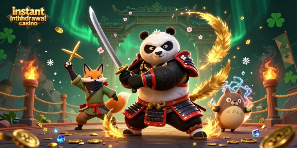 Experience the thrill at an instant withdrawal casino with a dynamic scene featuring samurai panda and ninja fox.