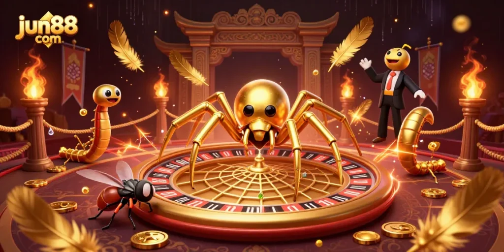 Place bets at jun88 com with a dynamic roulette wheel spun by a golden spider in a lively casino scene.