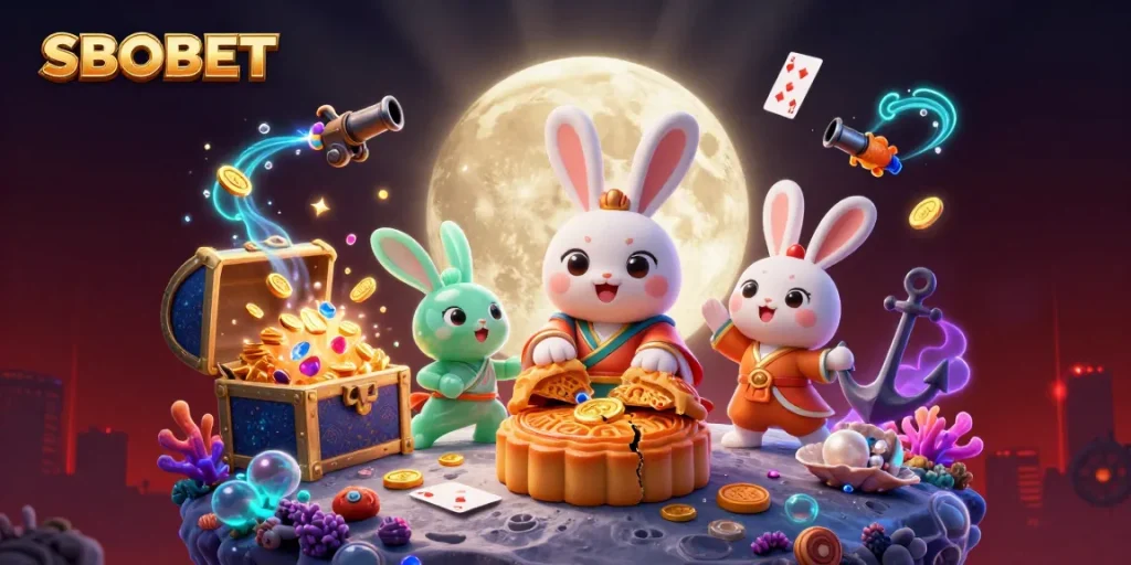 วาดภาพ SBOBET โดยมีกระต่ายที่ดวงจันทร์พร้อมลูกปัดเล่นไพ่ในท่ามกลางสมบัติสีทอง