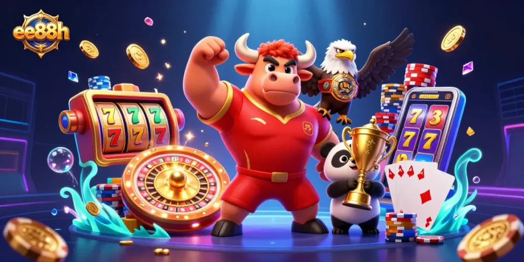 Play slot machines and win at ee88h, featuring dynamic characters and casino elements