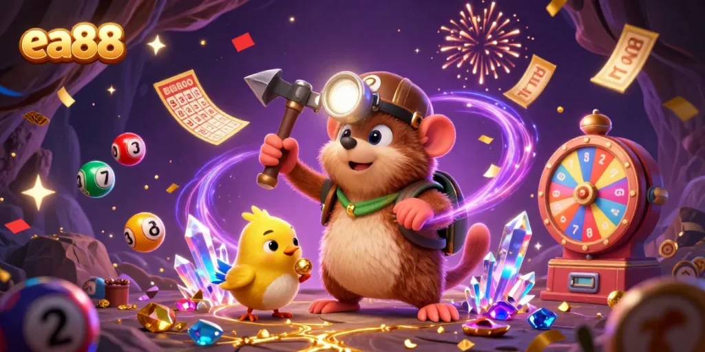 Play exciting casino games at ea88 with a treasure hunter mole and colorful lottery elements.